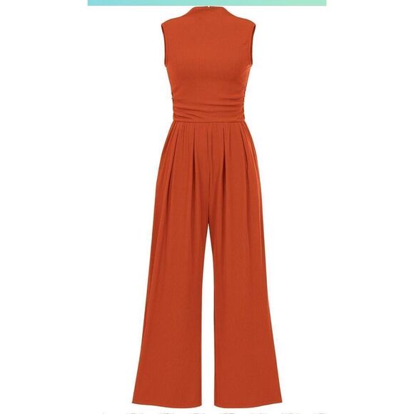 NEW Orange Ribbed Mock Neck Jumpsuit Wide Leg S - Picture 1 of 7